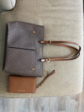 Michael Kors Dark Brown Patterned Tote and Monogram Wallet